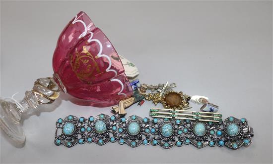 Minor costume jewellery and a small 19th century gilt and enamelled glass.